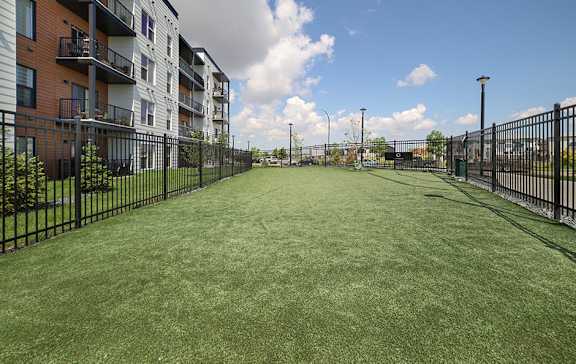 A grassy area in front of apartment buildings.