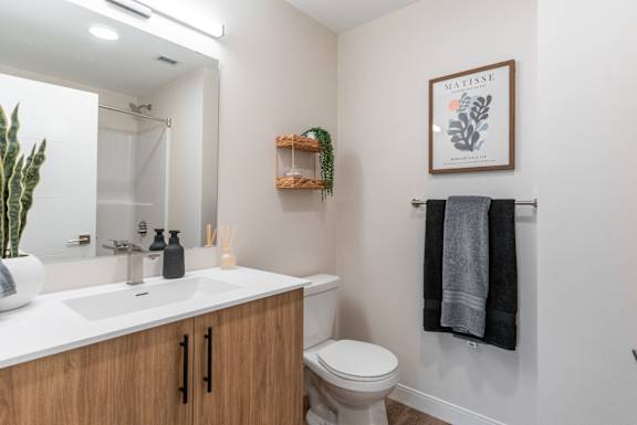 A bathroom with a toilet, sink, and a plant.