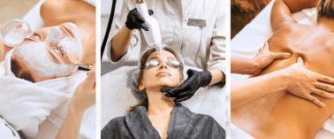 Three images of people receiving different types of skin treatments.