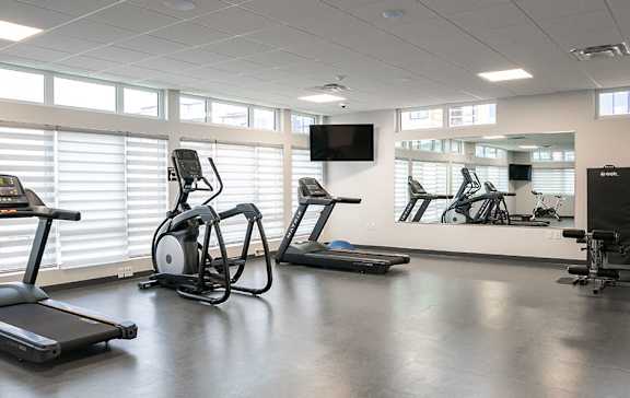 A gym with treadmills, elliptical machines, and a television.