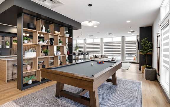 A pool table is in the middle of a room with a shelf and plants.