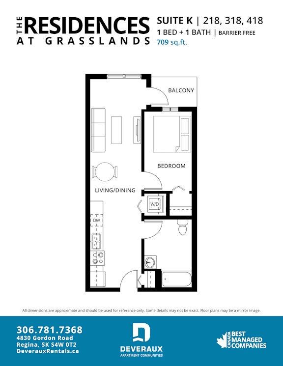 a floor plan of a 1 bedroom unit at the residences at grasslands