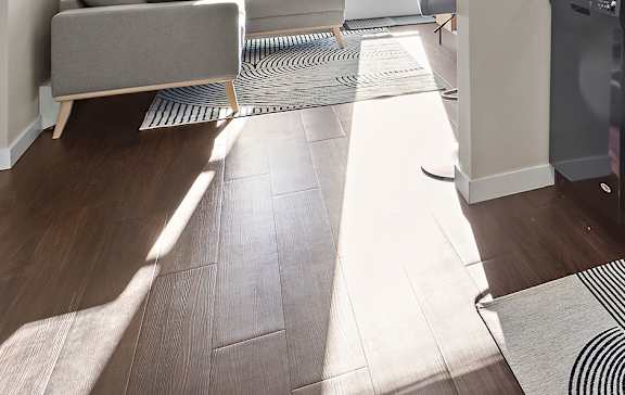 A room with a wooden floor and a rug.
