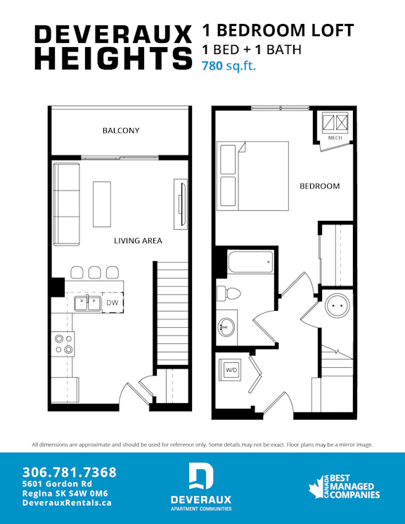 A black and white floor plan for a 1 bedroom loft at Deveraux Heights.
