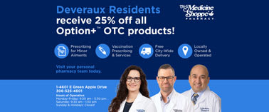 A promotional image for Deveraux Residents offering a 25% discount on all Option+ OTC products.