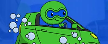A cartoon character in a green car with bubbles around it.