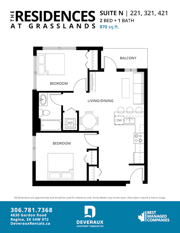 a floor plan of a 1 bedroom unit at the residences at grasslands