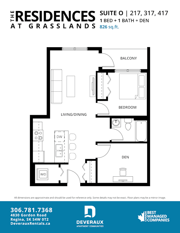 a floor plan of a 1 bedroom unit at the residences at grasslands