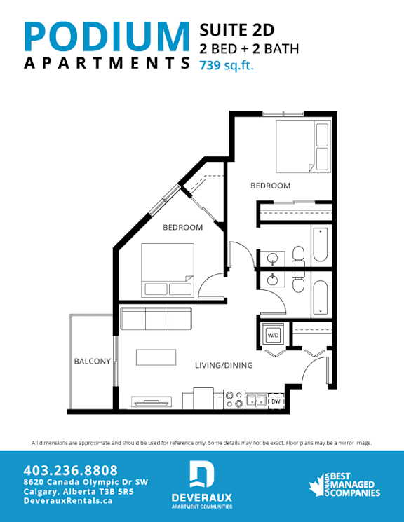 A floor plan for a 2 bedroom and 2 bath apartment sized at 739 sq.ft.
