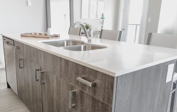 A modern kitchen with a sink and a countertop.