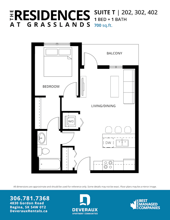 a floor plan of a 1 bedroom unit at the residences at grasslands