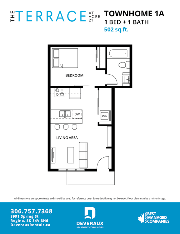 A floor plan for a 1 bedroom, 1 bathroom apartment of 502 square feet.