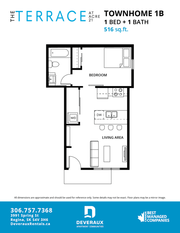 A floor plan for a 1 bedroom, 1 bathroom townhome sized at 816 sq.ft.