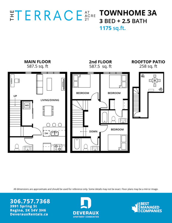 A floor plan for a 3 bedroom, 2.5 bathroom townhome.