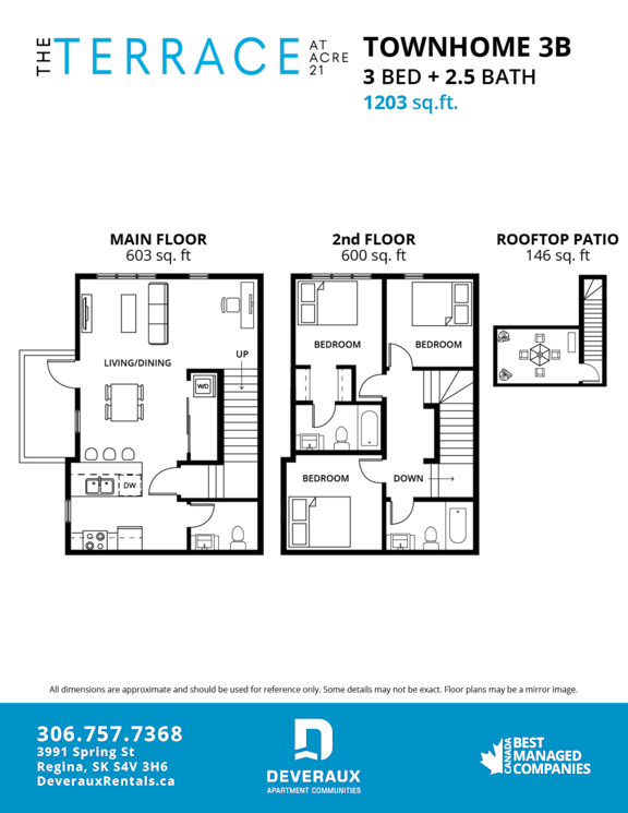 A floor plan for a 3 bedroom, 2.5 bathroom townhouse with a total area of 1203 sq.ft.