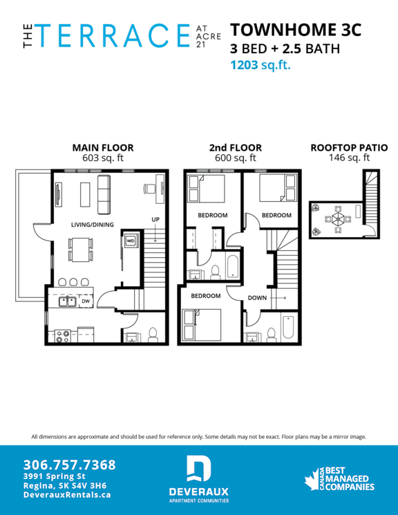 A floor plan for a 3 bedroom, 2.5 bathroom townhome.