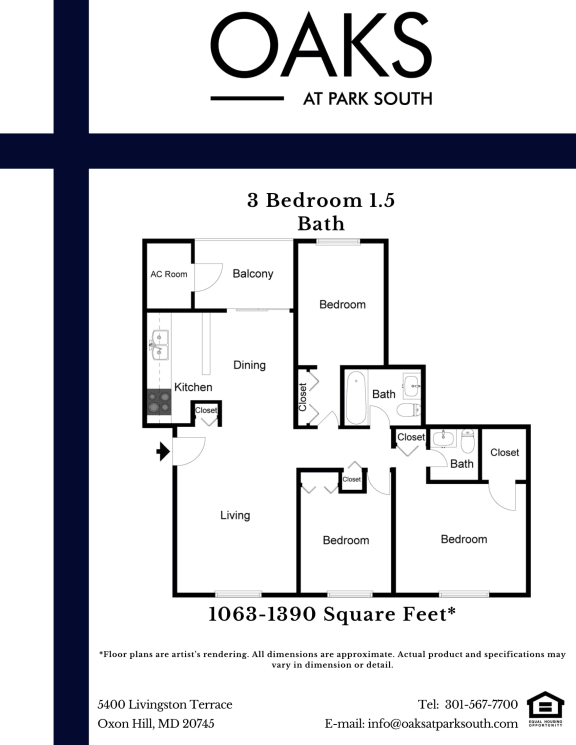 3 Bedroom 1.5 Bathroom Floor Plan at Oaks at Oxon Hill, Oxon Hill, 20745