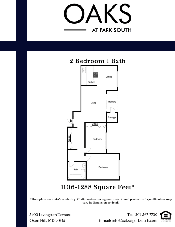 2 Bedroom 1 Bathroom Floor Plan at Oaks at Oxon Hill, Oxon Hill, MD, 20745