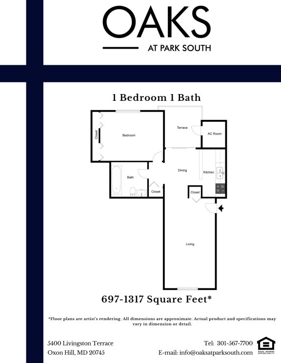 1 Bed 1 Bath Floor Plan at Oaks at Oxon Hill, Oxon Hill, MD