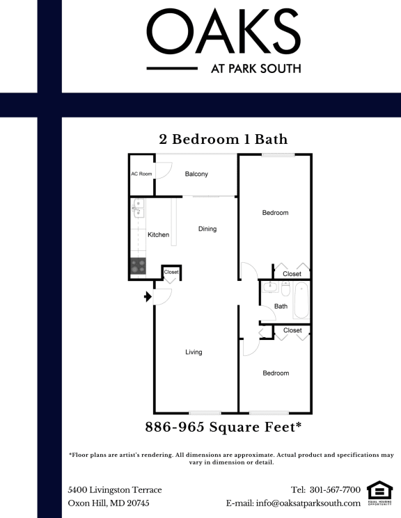 2 Bedroom 1 Bathroom Floor Plan at Oaks at Oxon Hill, Oxon Hill, Maryland