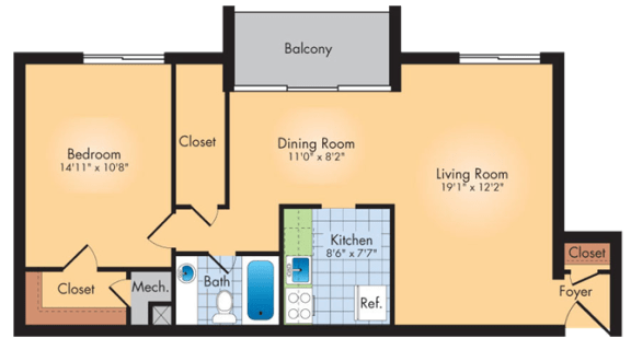 1 bedroom 1 bath floor plan C 1 bedroom 1 bath floor plan C at Andrews Ridge Apartments, Maryland