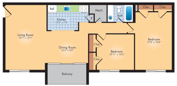 2 bedroom 1 bath floor plan C at Andrews Ridge Apartments, Suitland, Maryland