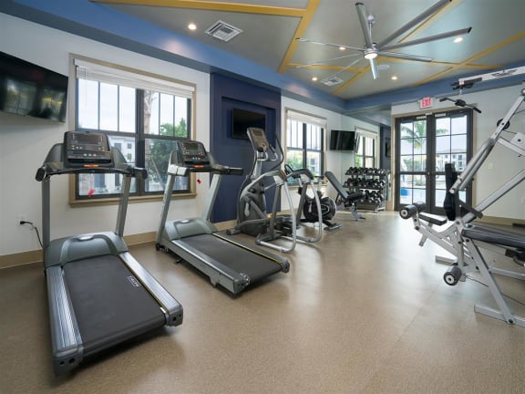 a gym with treadmills and other exercise equipment at The Grove at Portofino Vineyards