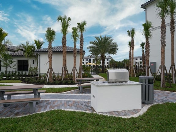 a patio with a grill and picnic tables and palm trees at The Grove at Portofino Vineyards