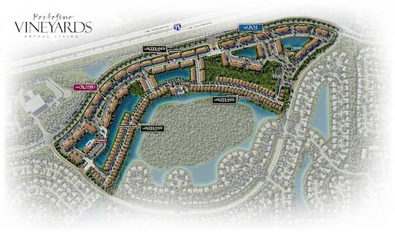 A map of a vineyard residential area with a lake in the middle.