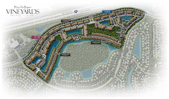 A map of a vineyard residential area with a lake in the middle.