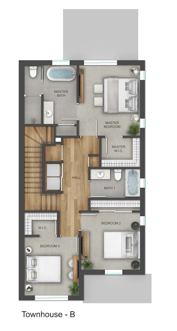A floor plan of a townhouse with three bedrooms and a master suite.