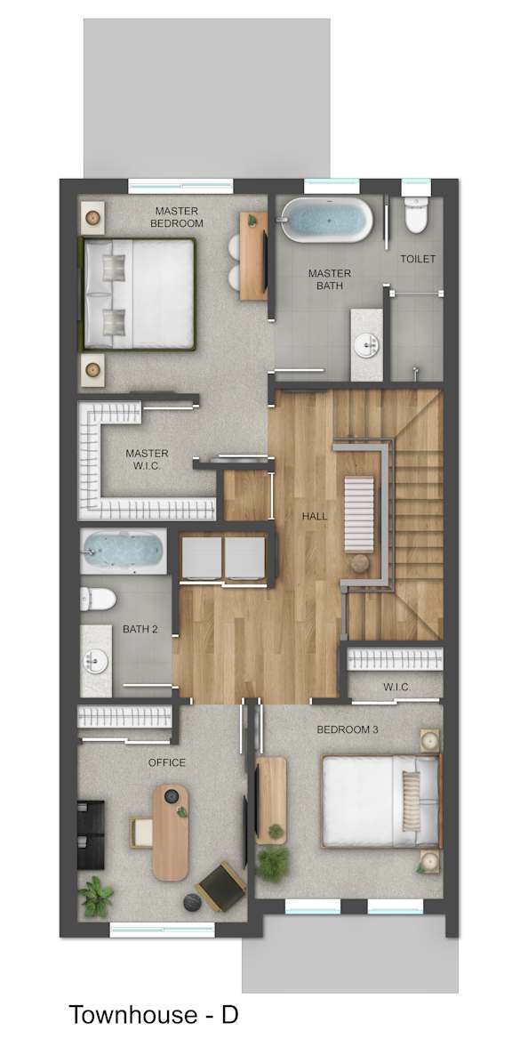 A floor plan of a townhouse with four bedrooms and a living area.