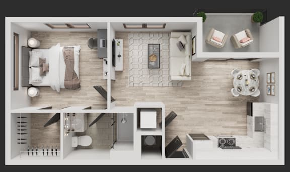 A top-down view of a modern apartment with a kitchen, living room, and bedroom.