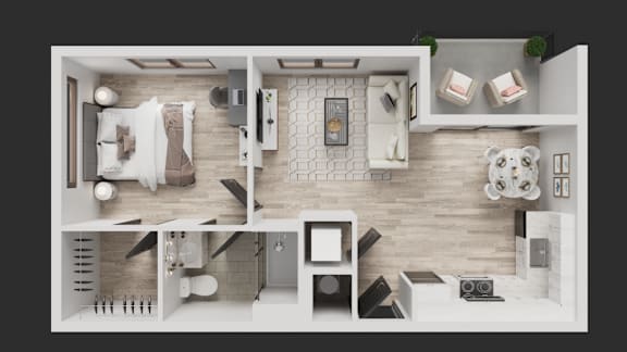 A top-down view of a modern apartment with a kitchen, living room, and bedroom.