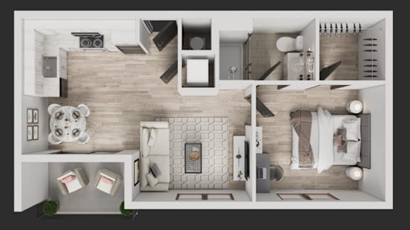 A top-down view of a modern apartment layout with a kitchen, living room, and bedrooms.