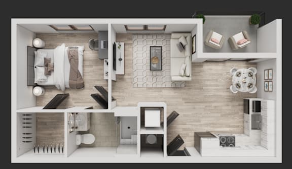 A top-down view of a modern, minimalist apartment with a kitchen, living room, and bedroom.