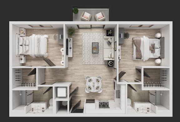 A top-down view of a modern apartment layout with a kitchen, living room, and bedrooms.