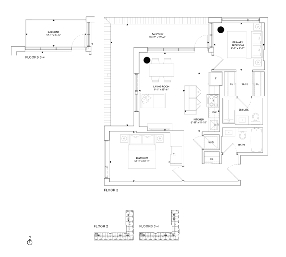 a floor plan of a house with two bedrooms and two bathrooms