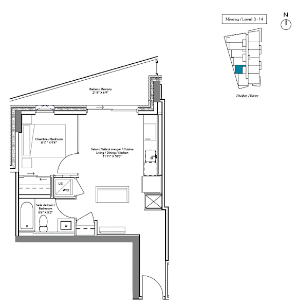 A floor plan of a residence with a living room, dining room, kitchen, and bathrooms.