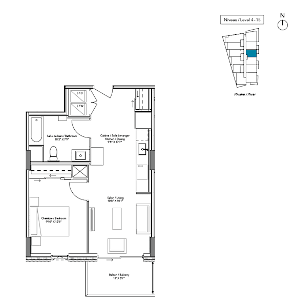 A floor plan of a building with a river running through it.