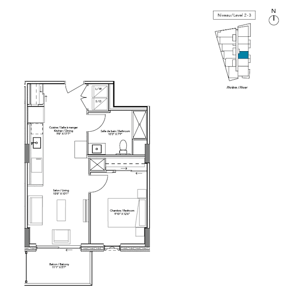 A floor plan of a house with a kitchen, living room, and bathrooms.