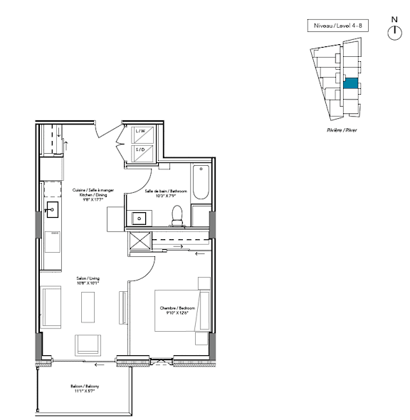 A floor plan of a property with a kitchen, living room, and bathroom.