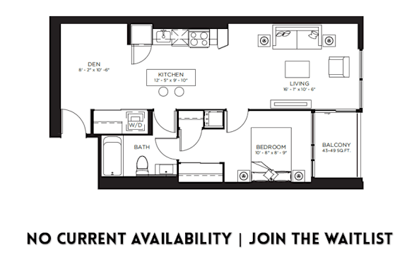 A floor plan of an apartment with a note at the bottom stating "NO CURRENT AVAILABILITY | JOIN THE WAITLIST".