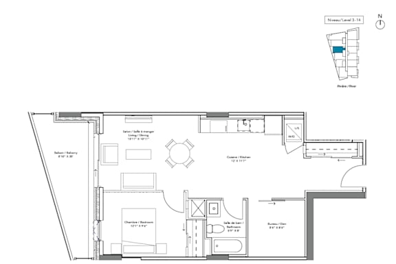 A floor plan of a building with a kitchen, living room, and bathrooms.