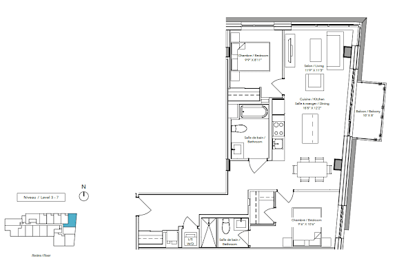 A floor plan of a house with a kitchen, living room, and bathrooms.