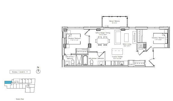 A floor plan of a house with a kitchen, living room, and bathrooms.