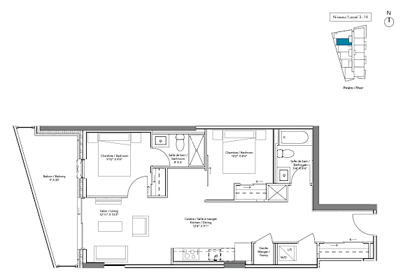 A floor plan of a boat with a kitchen, dining area, and bedrooms.
