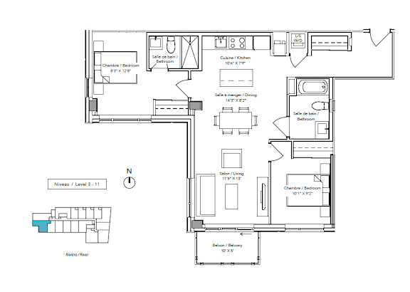 A floor plan of a house with a kitchen, living room, and bathrooms.
