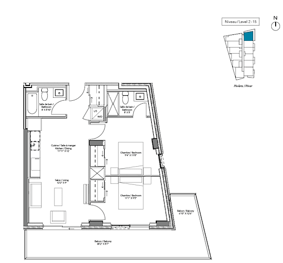 A floor plan of a building with a river running through it.
