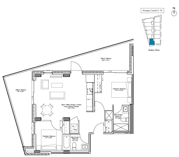 A floor plan of a house with a kitchen, living room, and bathrooms.